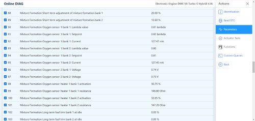 Engine control module live parameters in Online DIAG